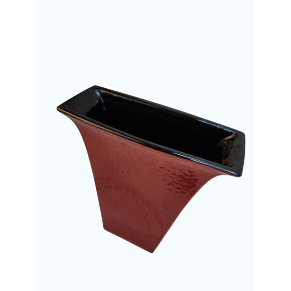 Red Textured Ceramic Vase With Glossy Black Interior Rectangular Flared Design 1 - Picture 7 of 16